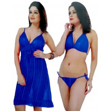 Satin Blue Fashionable Sleeveless Comfortable Baby Doll Nightwear with 2 Piece Bra & Thong Lingerie Set