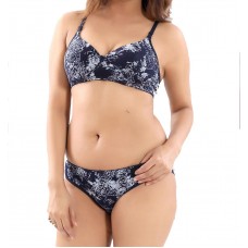 Cotton Full Cup Padded Non-Wired Printed Blue Casual Bra & Panty Lingerie Set (Size 36)