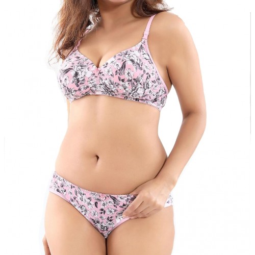Cotton Full Cup Padded Non-Wired Printed Pink Casual Bra & Panty